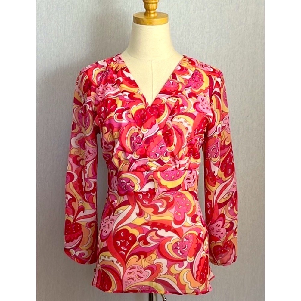 Zero Zero pink psychedelic print sequin embroidered chiffon 3/4 sleeve top